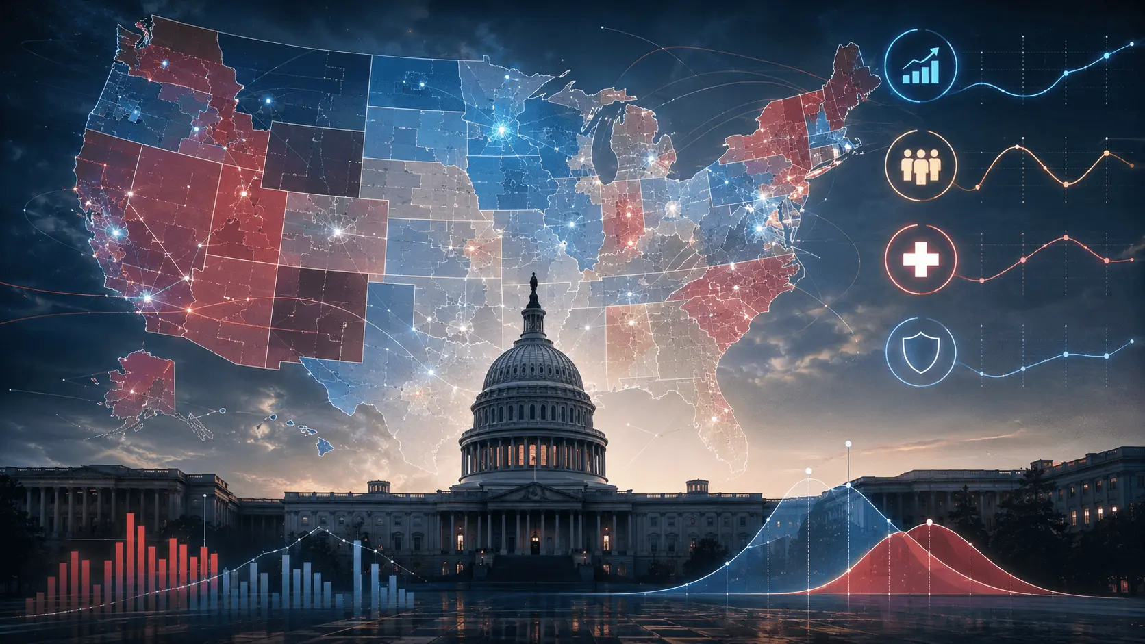 US midterm elections 2026 forecasting concept with Congress and probability paths