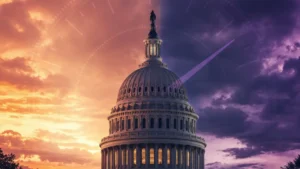 US Capitol dome at dusk under a split-colored sky with an abstract probability gauge, representing 2026 midterm forecasts