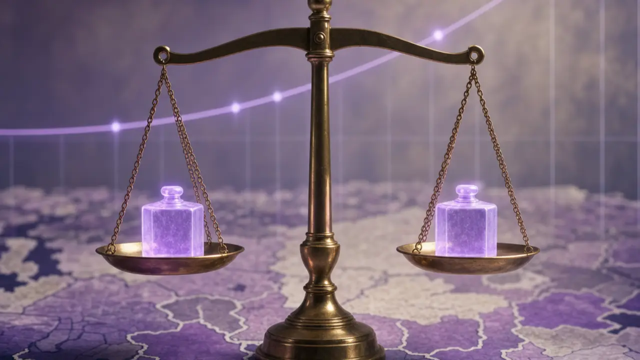 A balanced scale weighing red and blue over abstract legislative districts with a rising probability curve