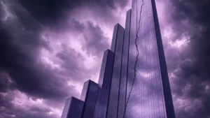A glass skyscraper shaped like a rising stock chart with a crack up its side under gathering storm clouds, symbolising AI bubble risk