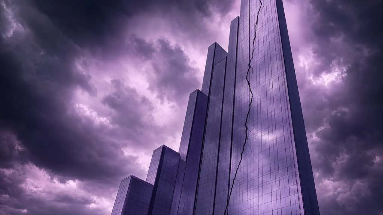 A glass skyscraper shaped like a rising stock chart with a crack up its side under gathering storm clouds, symbolising AI bubble risk