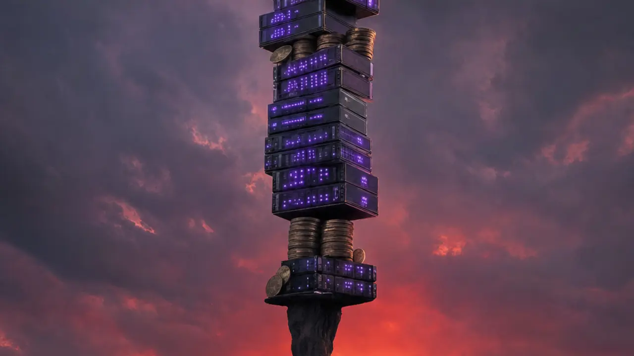 A precarious tall stack of glowing server racks and coins balanced on a thin pedestal against a red horizon