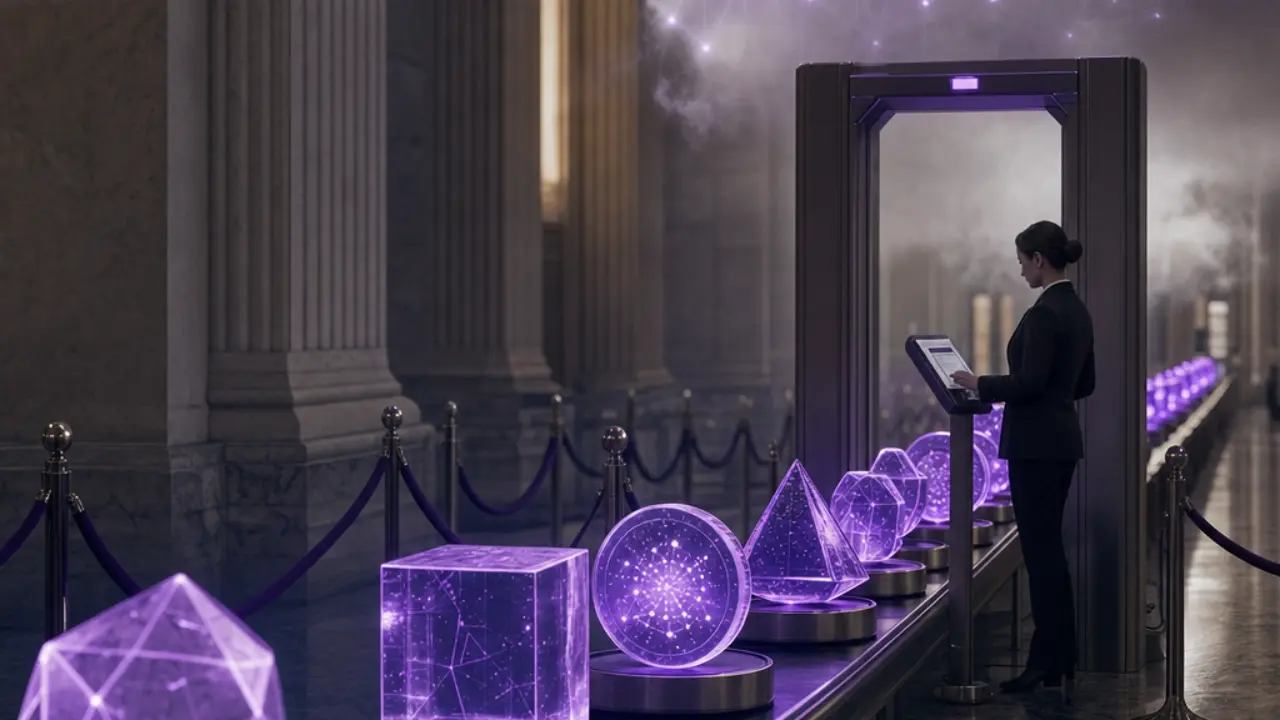 Queue of abstract digital asset symbols moving through a regulatory approval gateway with probability signals