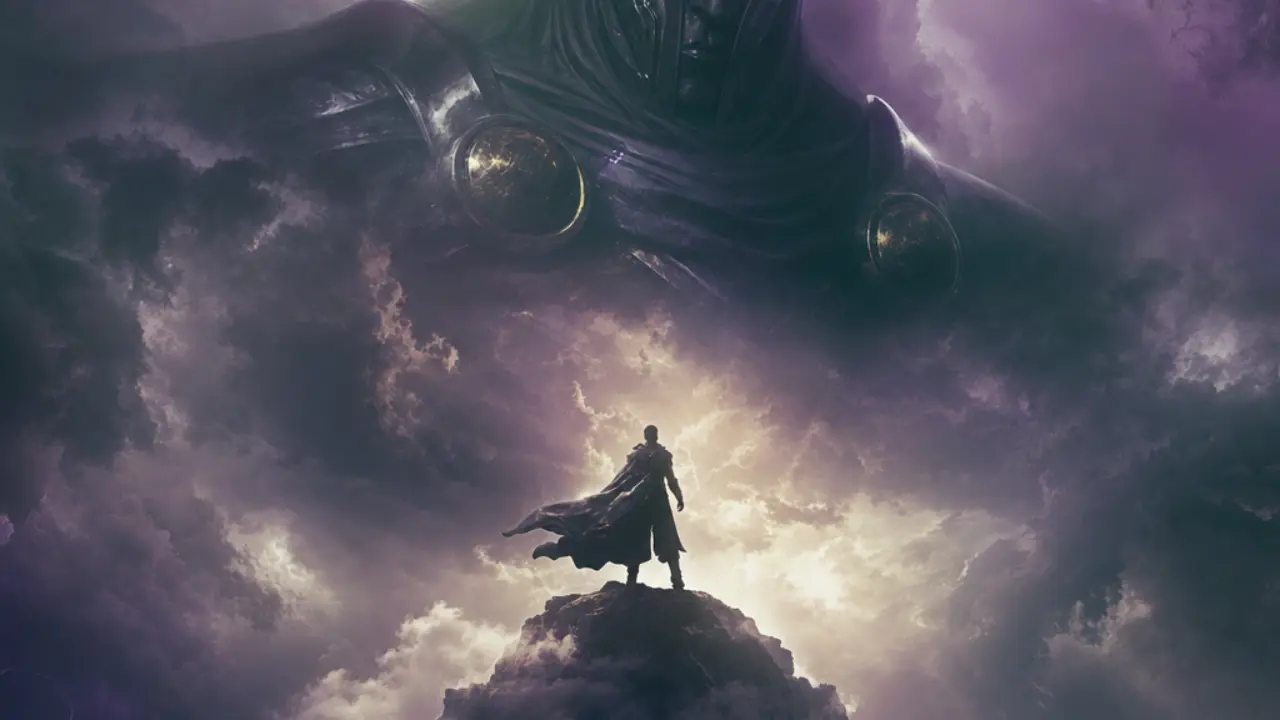 Storm-lit sky over a heroic silhouette with a looming antagonist aura representing a franchise's return