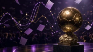 Football award trophy on a gala stage with abstract probability curves representing a contested Ballon d'Or race