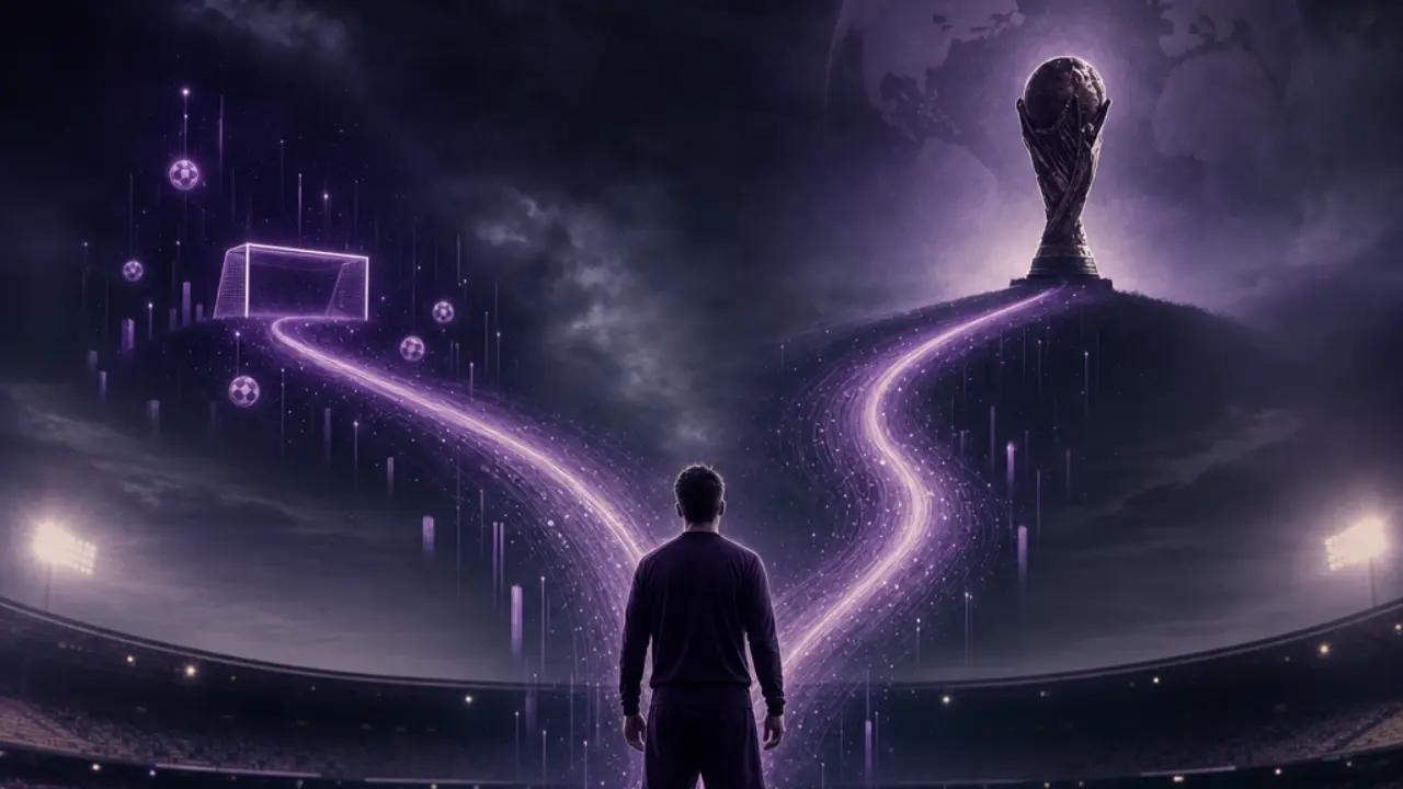 Two diverging light paths over a football pitch representing club season and World Cup award narratives