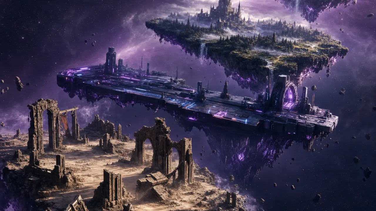 Floating abstract game worlds arranged like a release calendar stretching into the horizon
