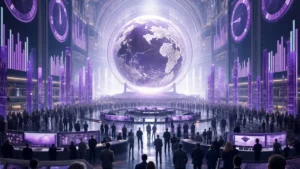 A vast hall of glowing probability dials and rising volume bars converging on a luminous globe, a booming forecasting marketplace