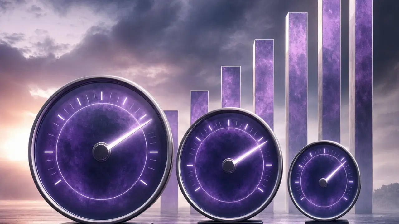 Three glowing circular gauges of different sizes side by side with ascending bar charts behind them