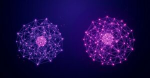 Abstract visualization comparing Bitcoin and Ethereum market forces and network structures