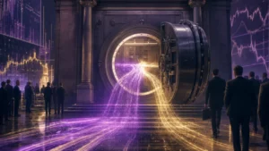 Capital flow streams draining from and returning to an institutional vault representing Bitcoin ETF flows