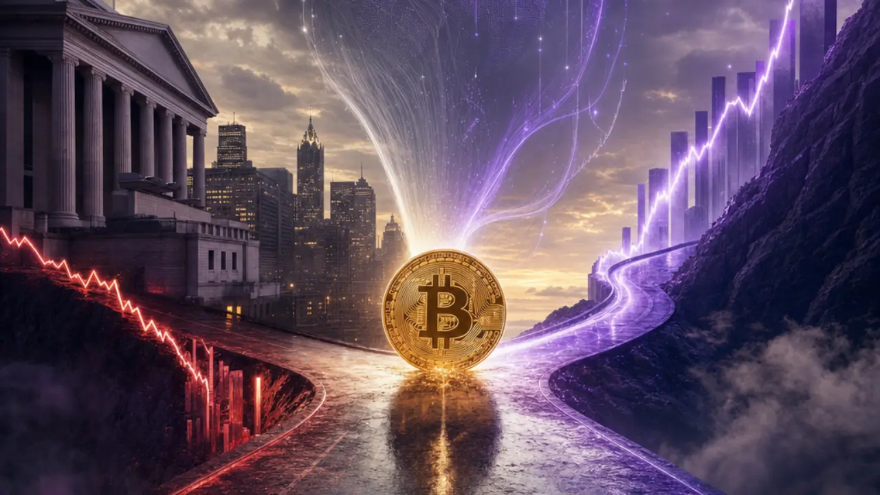 Bitcoin symbol at a crossroads of recovering and declining chart paths with institutional fund flow streams