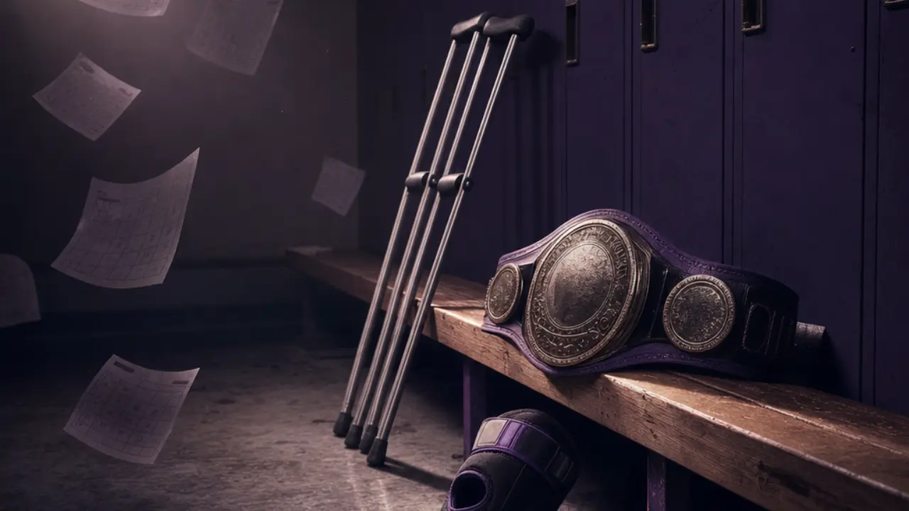 Championship belt beside crutches and a knee brace in an empty locker room, representing Carlos Ulberg's ACL recovery