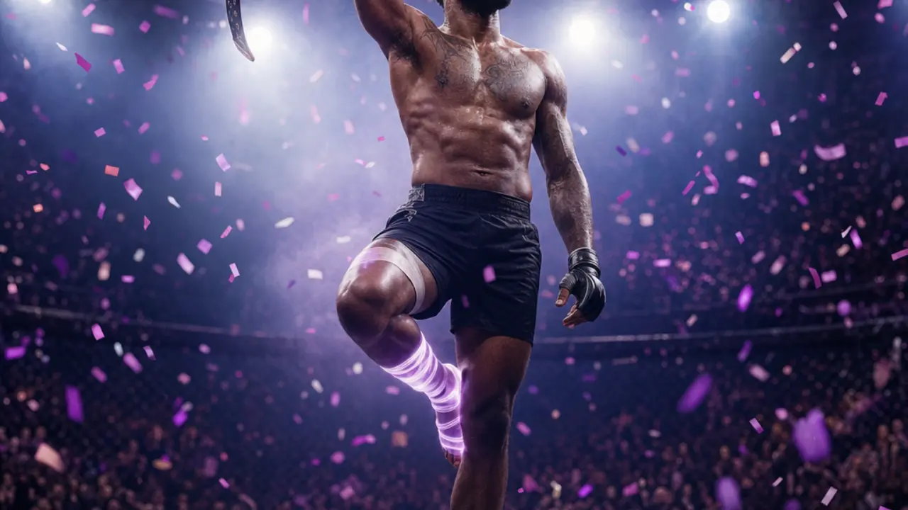 Fighter balancing on one leg raising a championship belt, symbolizing Carlos Ulberg's title win through injury