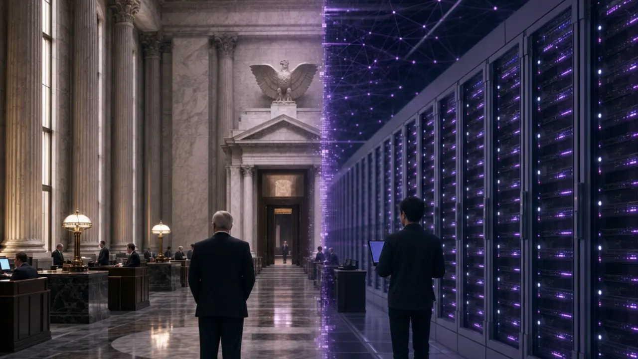 Contrast between private stablecoin networks and a central bank digital currency system visualized as two architectures of digital money
