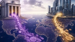 Digital dollar and digital euro concept with two contrasting currency streams flowing through a global financial network