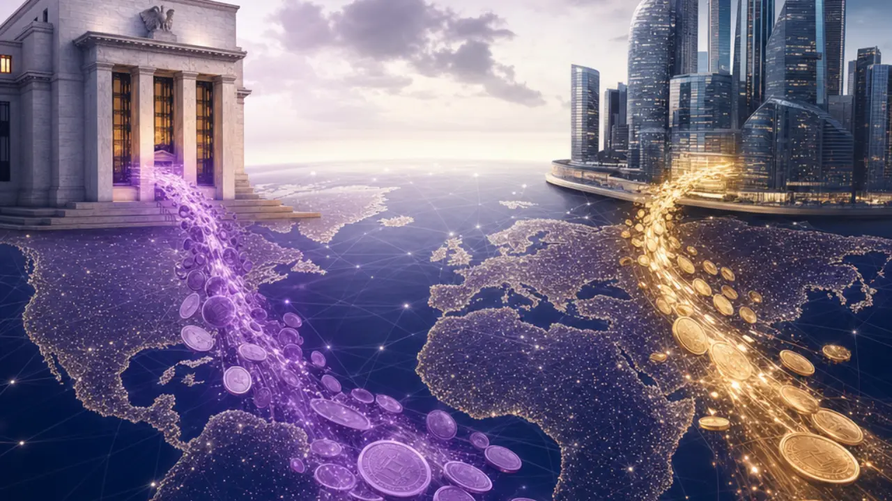 Digital dollar and digital euro concept with two contrasting currency streams flowing through a global financial network