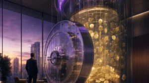 Corporate Bitcoin treasury concept with a glowing vault of digital assets inside a modern financial headquarters