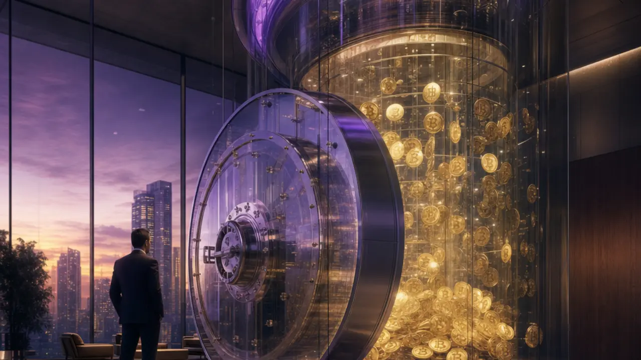 Corporate Bitcoin treasury concept with a glowing vault of digital assets inside a modern financial headquarters