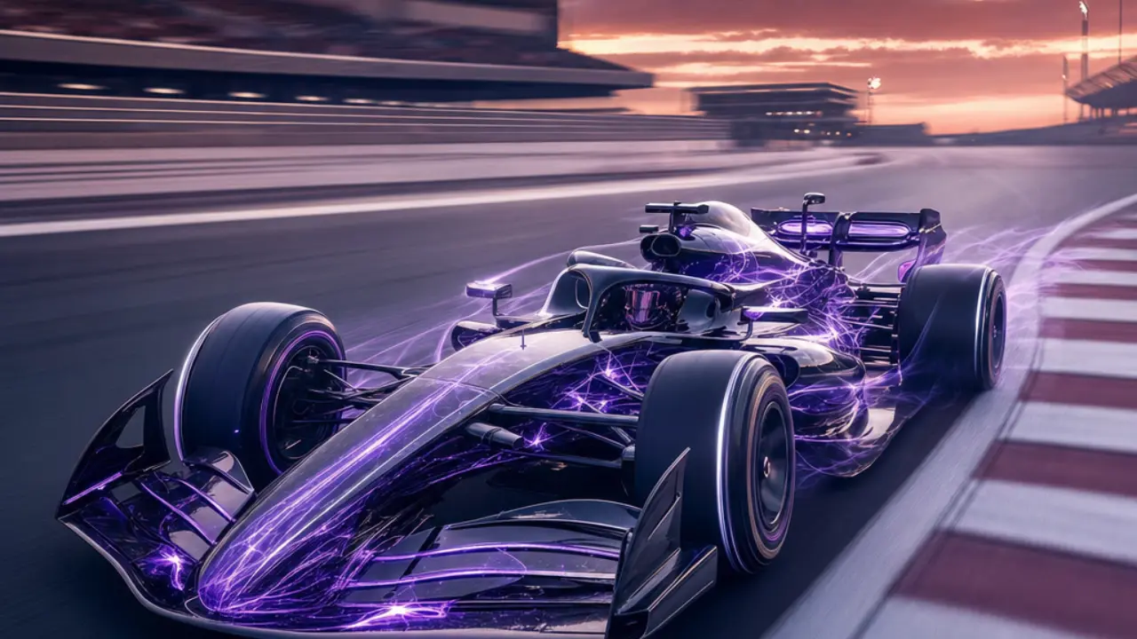 Next-generation Formula 1 car with active aerodynamics and hybrid energy visualization on a circuit at dusk