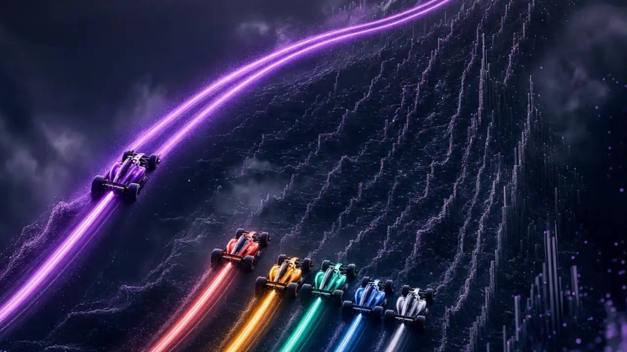 Glowing light trails of race cars on a data landscape showing a converging championship battle