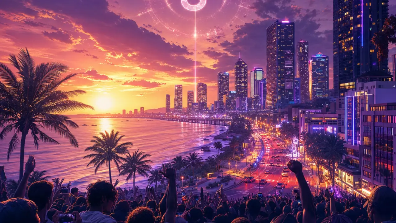 Neon-lit coastal city skyline at sunset symbolizing the anticipated GTA 6 launch in 2026