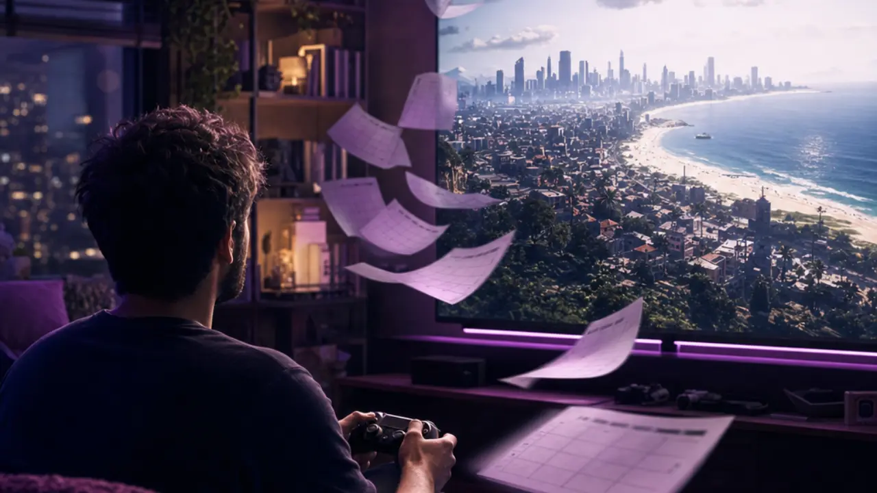 Gamer with controller in front of a screen showing an open-world city, awaiting the GTA 6 release date