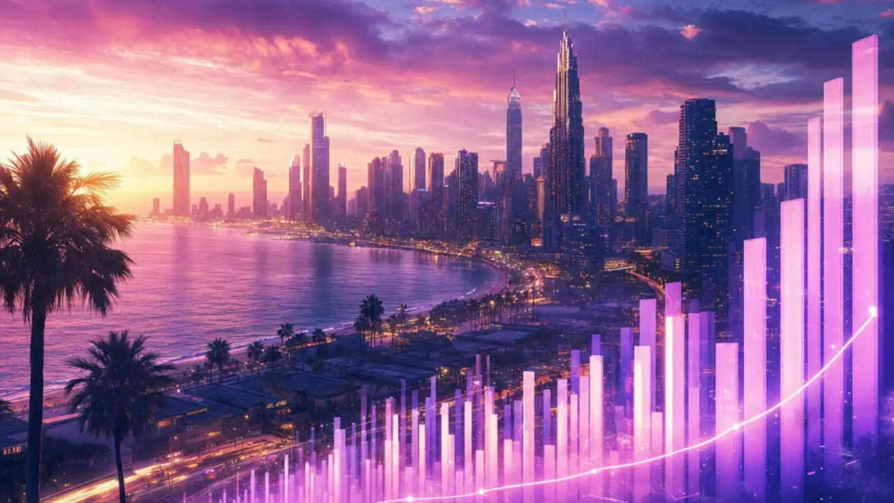 Neon coastal city skyline with rising sales charts symbolizing a record-breaking game launch