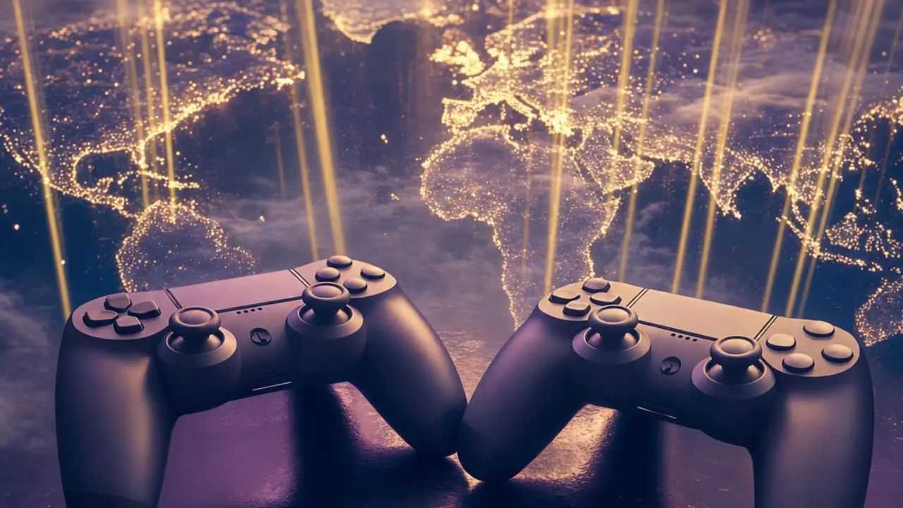 Two game controllers with light streams over a glowing world map representing a global launch