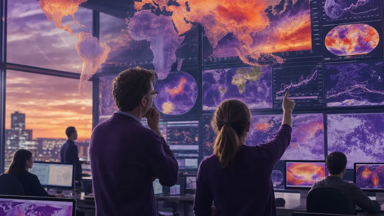Climate scientists analyzing global temperature charts and heat maps in a monitoring center