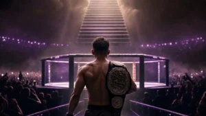 Young champion walking toward the octagon with a belt over his shoulder and a rising staircase of light ahead, symbolizing Joshua Van's open future