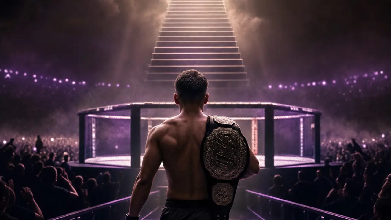 Young champion walking toward the octagon with a belt over his shoulder and a rising staircase of light ahead, symbolizing Joshua Van's open future