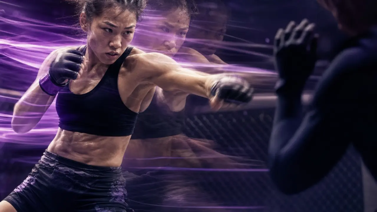 Flyweight fighter throwing rapid strikes shown as motion trails, representing Joshua Van's volume striking style