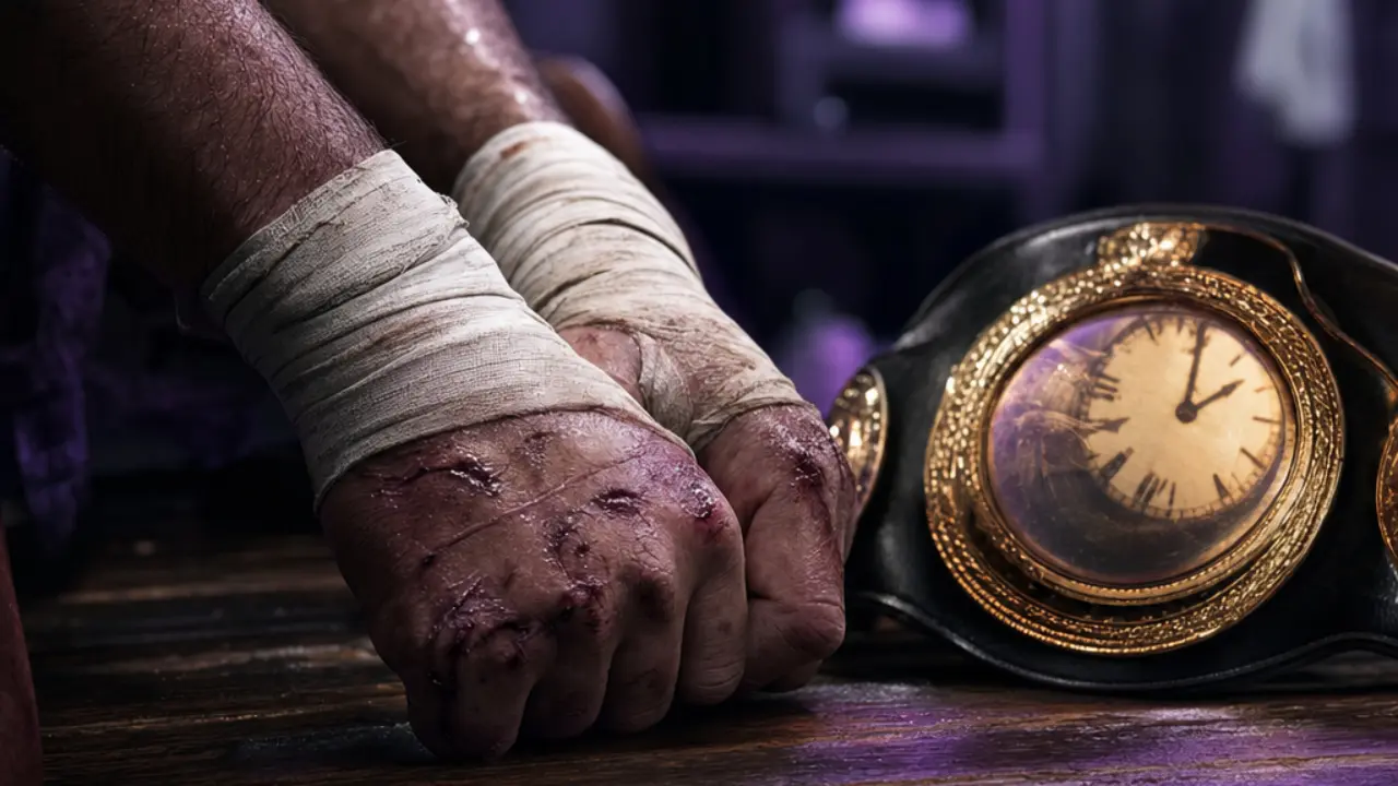 Weathered taped fists beside a championship belt with a clock reflection, symbolizing the time pressure on Gaethje's title reign