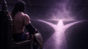 Champion fighter seated in a dark arena with three diverging light paths ahead, symbolizing Khamzat Chimaev's career options in 2026