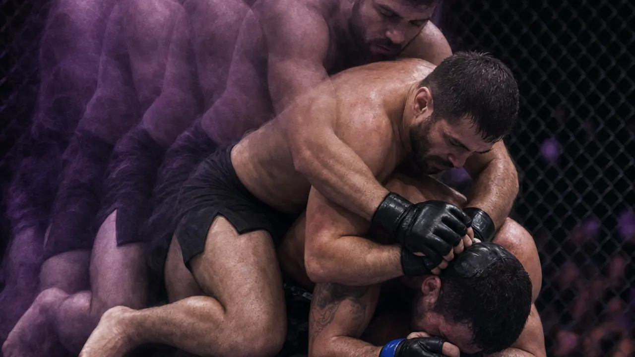 Grappler in dominant top control shown with layered motion echoes, representing Chimaev's suffocating wrestling style
