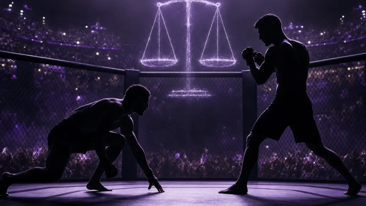 Two contrasting fighters facing off in an octagon under arena lights, symbolizing the Makhachev vs Machado Garry title fight
