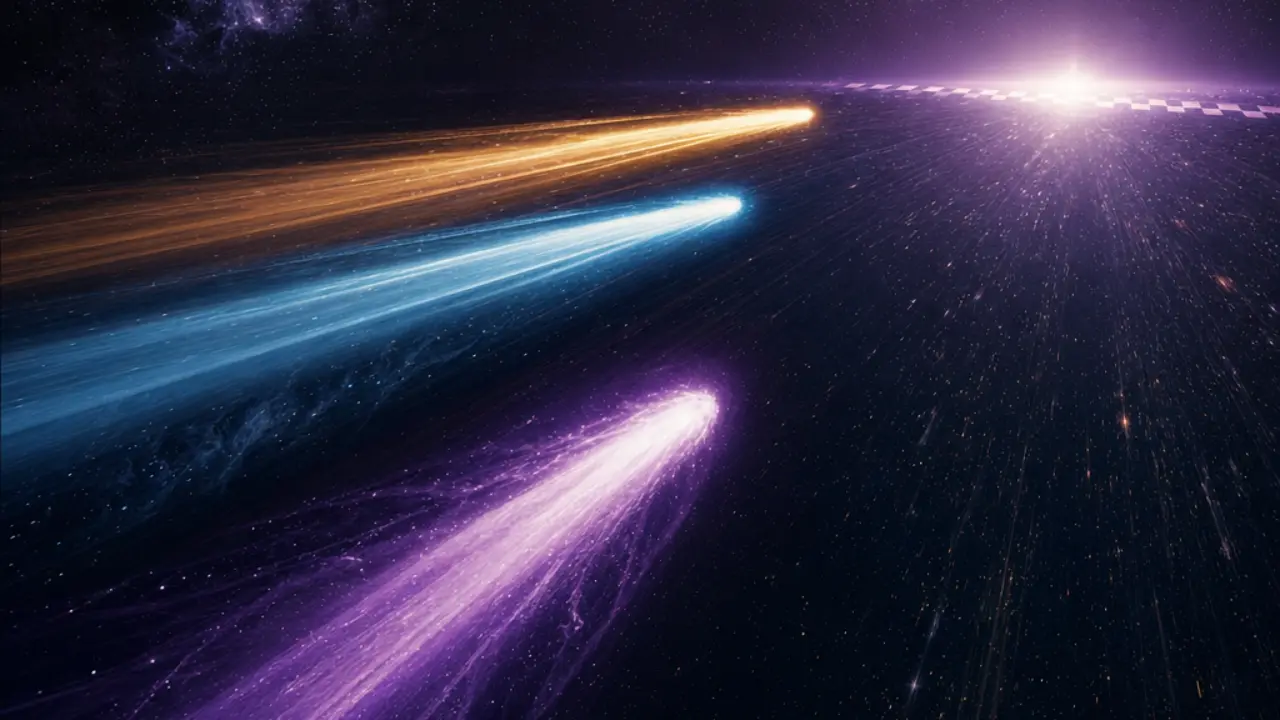 Three glowing comet streaks racing toward a finish line representing a box-office race