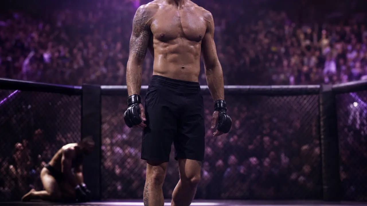 Veteran striker standing calm in the octagon after a sudden victory, symbolizing Max Holloway's win at UFC 329