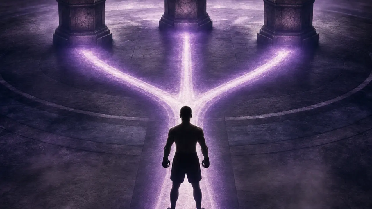 Fighter silhouette facing three glowing paths toward different championship belts, representing Max Holloway's career options