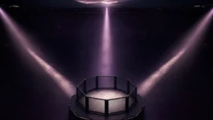 Empty spotlighted octagon with diverging paths of light representing possible next moves after UFC 329