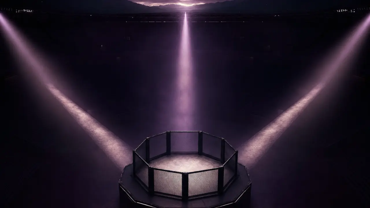 Empty spotlighted octagon with diverging paths of light representing possible next moves after UFC 329