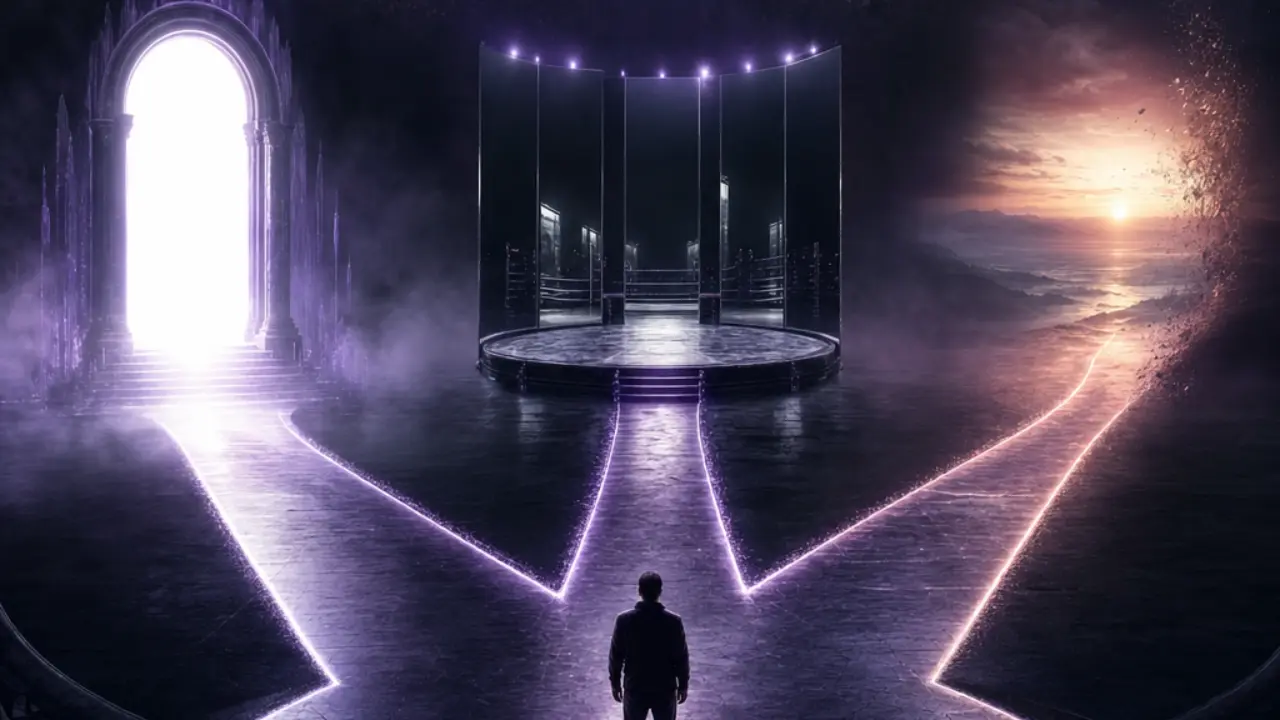 Three glowing paths across an arena floor symbolizing a trilogy fight, a long recovery, and retirement