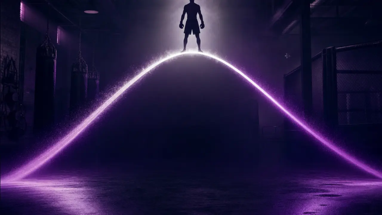 MMA fighter career arc concept with a silhouette at the apex of a rising and falling performance curve