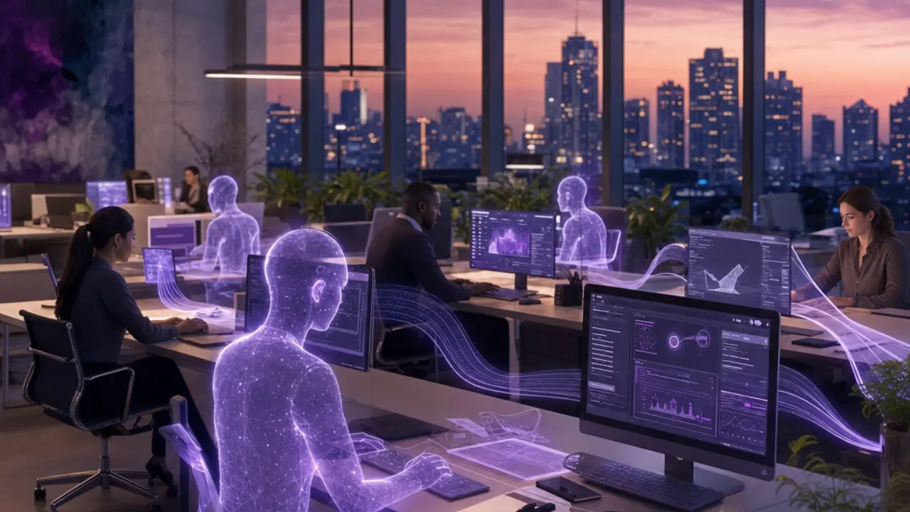 Office at dusk with holographic digital assistants working alongside humans, symbolizing AI agents in the workplace
