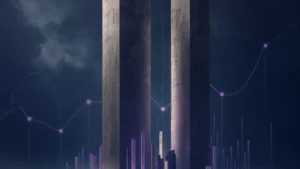 Conceptual illustration of two dominant market towers with emerging challengers rising around them