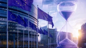 European Union institutions with digital regulation symbols and an hourglass representing shifting AI Act deadlines