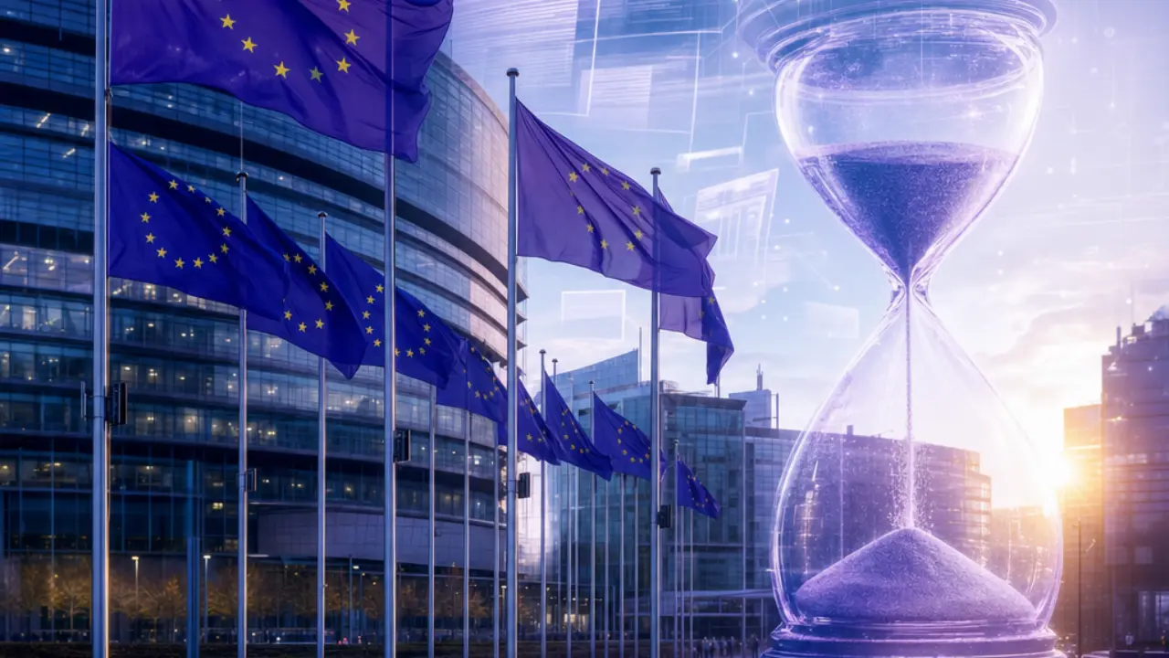 European Union institutions with digital regulation symbols and an hourglass representing shifting AI Act deadlines