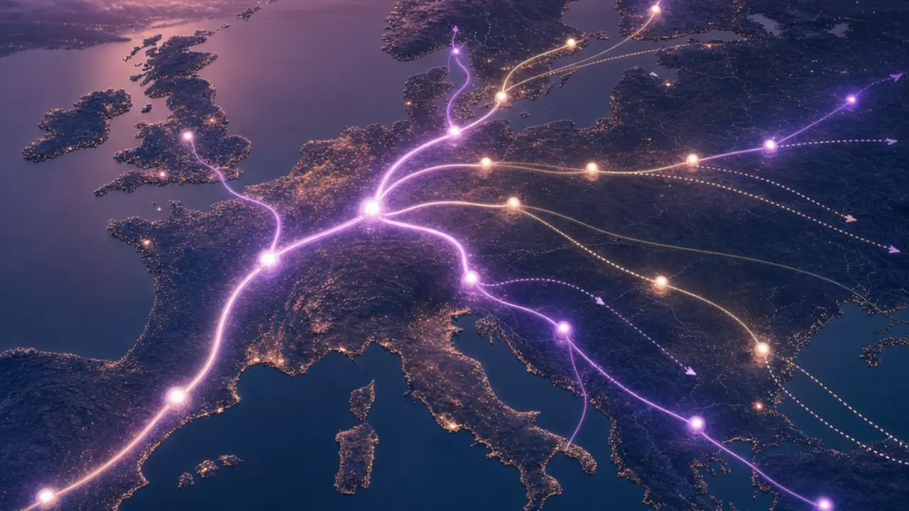 Branching regulatory timeline across a map of Europe showing active and postponed AI Act obligations