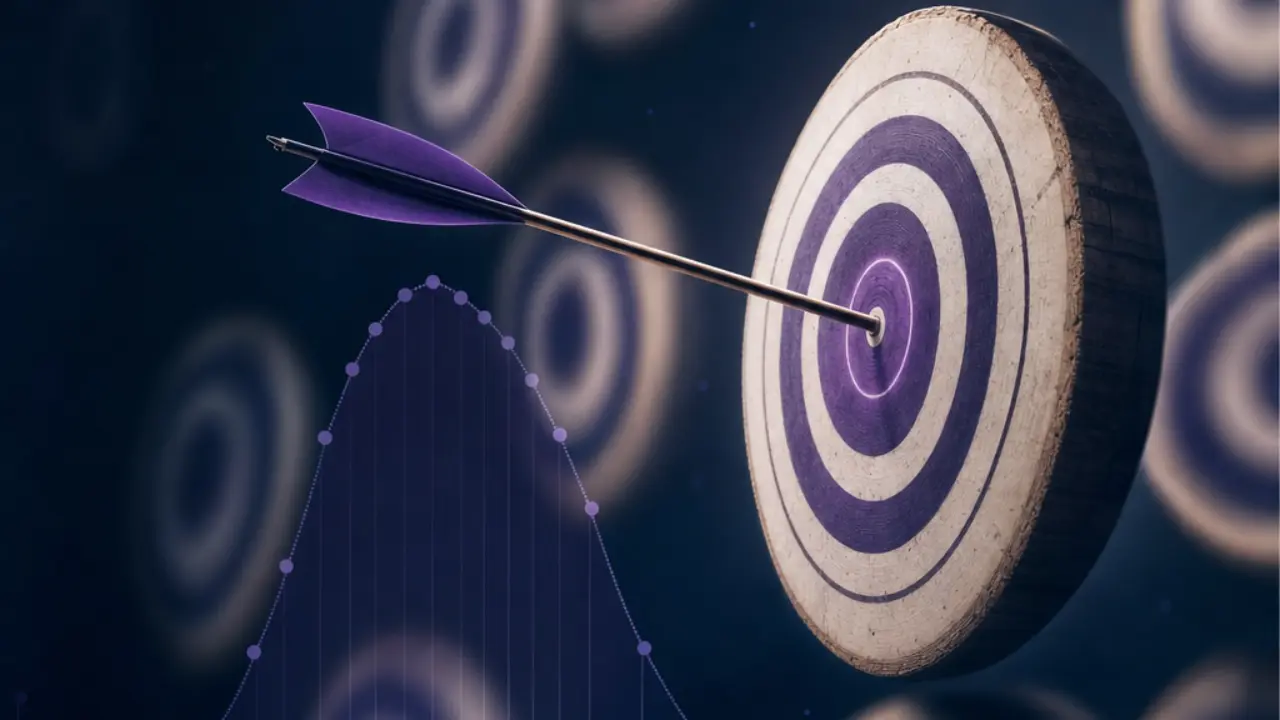 A single arrow hitting the center of one target among many blurred targets, representing focus